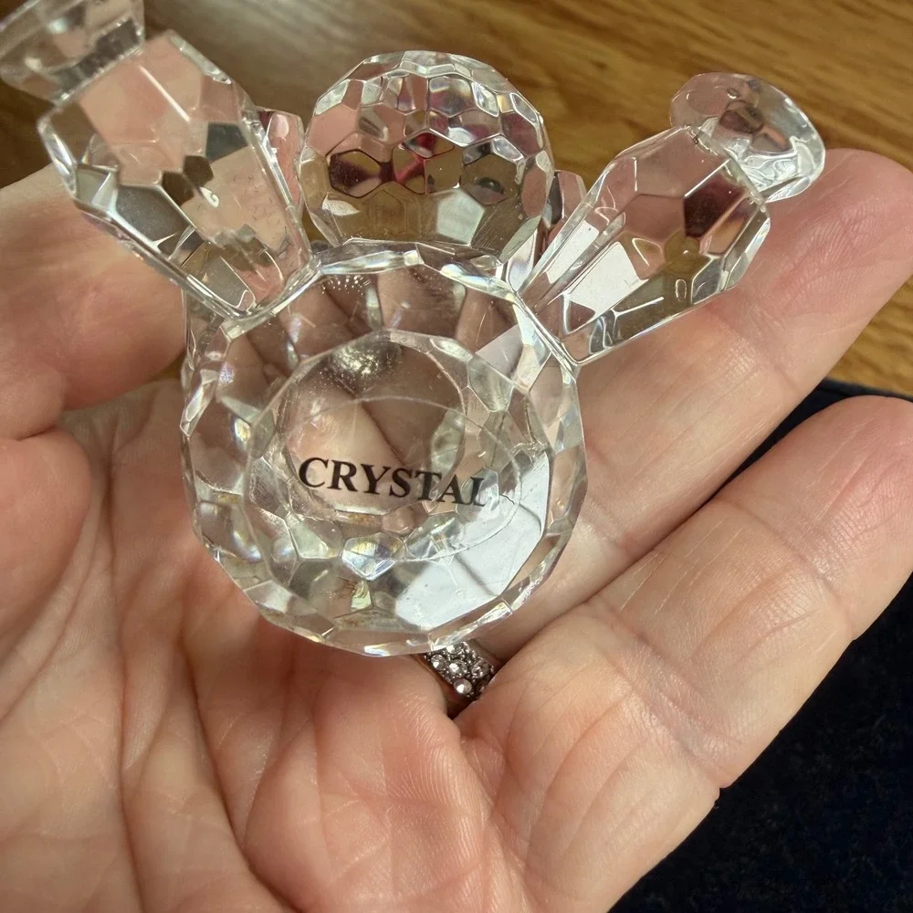 Faceted Lead Crystal Teddy Bear Ornament with Red Ribbon and Blue Velvet Box
